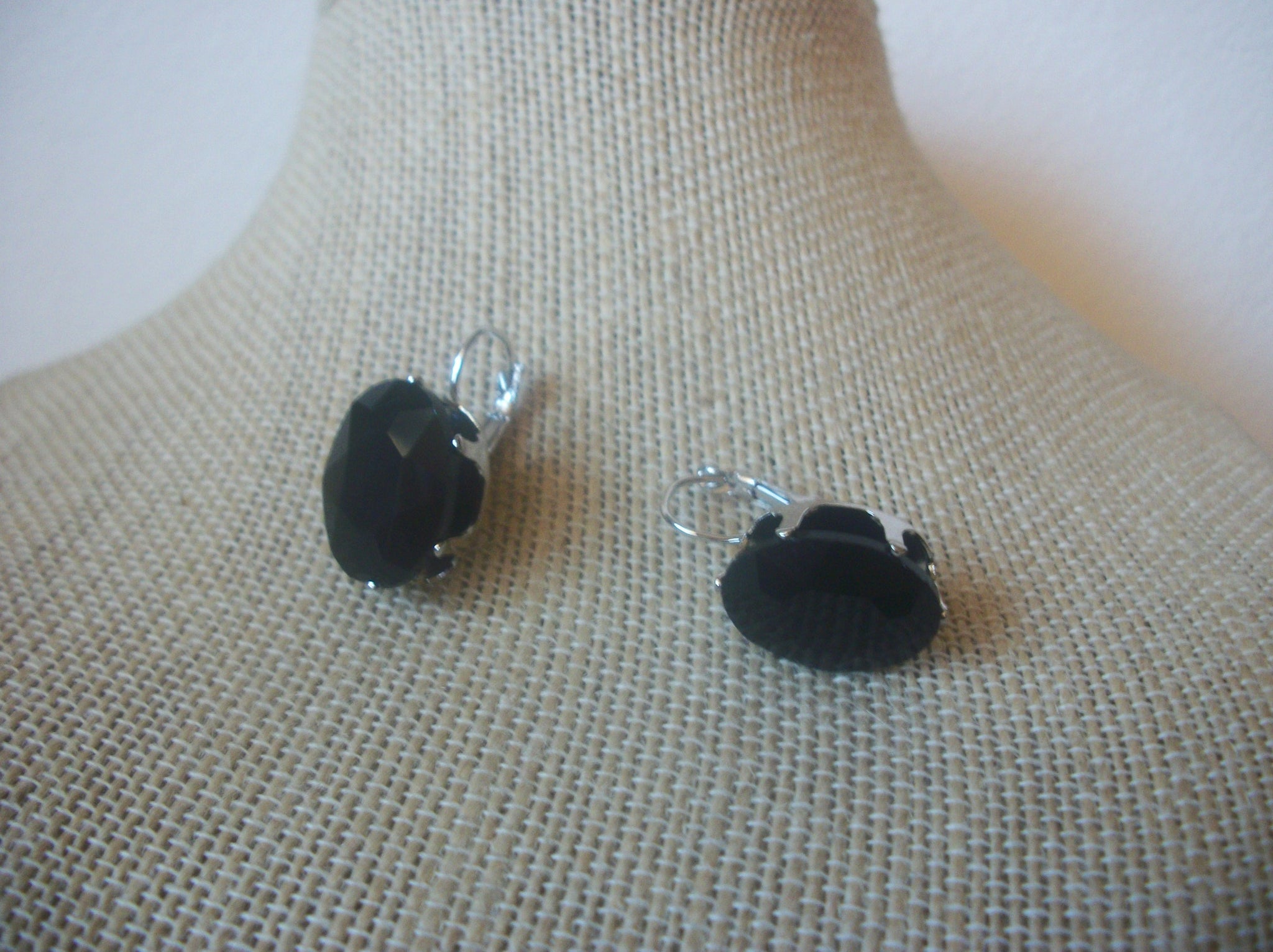 Thicker Black Crystal Glass, Prong Set Silver Tone Earrings 40220