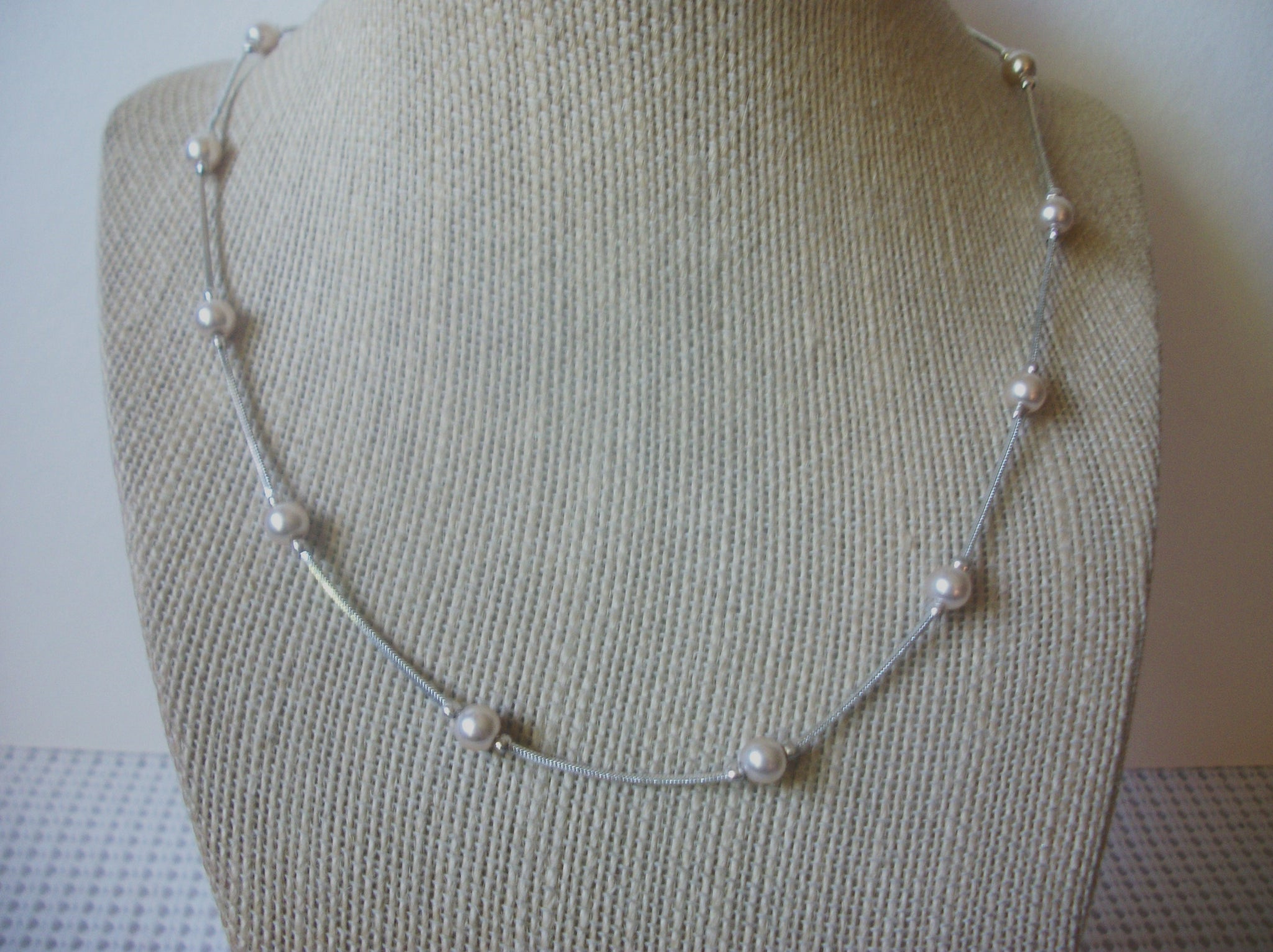 Vintage Jewelry Signed MONET, 18" Dainty White Glass Pearls, Silver Tone, Necklace 121920