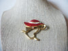 Vintage Brooch Pin, Figural Lady, Red Enameled Hat, Clear Rhinestones, Gold Tone, 70217