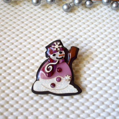 Vintage Lucinda Pins, Christmas Snowman Glitter Cranberry Broom 61318