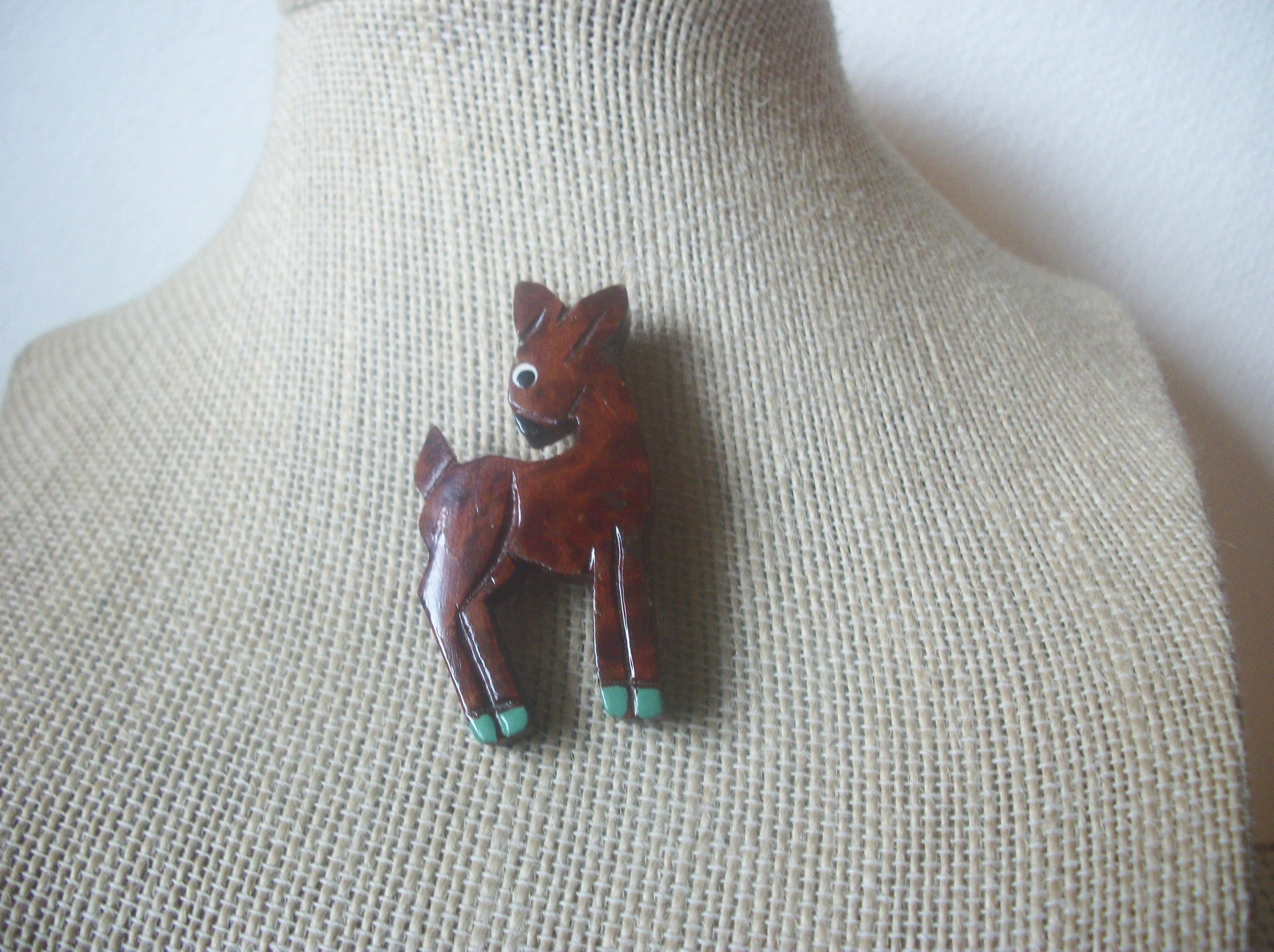 Hand Carved, Painted Wood Brown Lacquered Painted Animal Deer Fawn Vintage Pin Brooch 022121