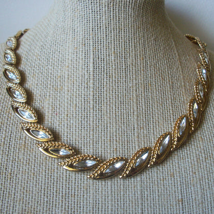 Vintage 16" Necklace, Signed MONET Clear Crystal Inlays Textured Gold Tone 61717 Gift For Her Wife