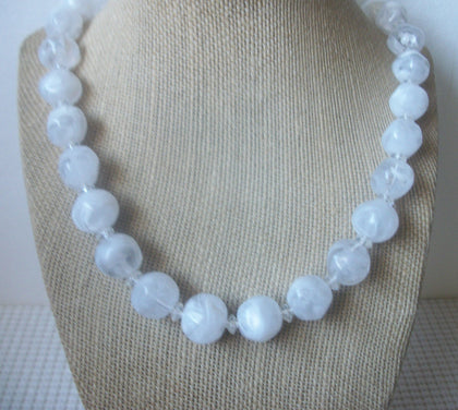 Vintage 24" Frosted White Acrylic Beads Necklace 030121