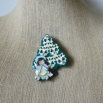 RARE Hard To Find Lucinda Christmas House Pins, Festive Tree Clear Rhinestone Child Under Tree 61318