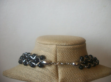 Gorgeous Vintage 17" Signed TRIFARI Black Beaded Weaved  Silver Tone Chain Collar Necklace 030421
