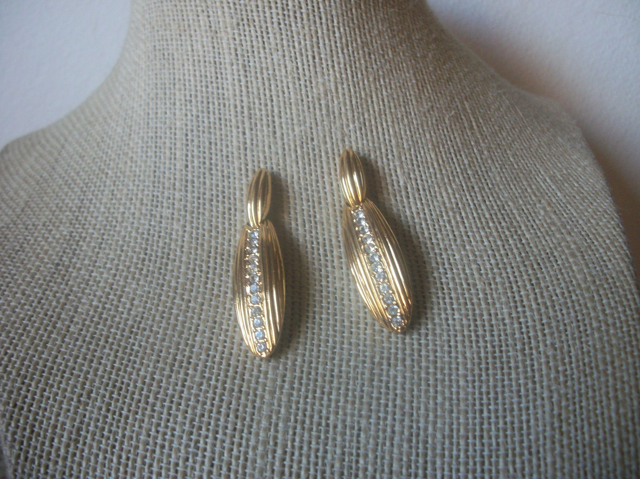 Vintage Dangle Earrings Gold Tone, Clear Rhinestone Inlays, Doorknocker Pierced 41620
