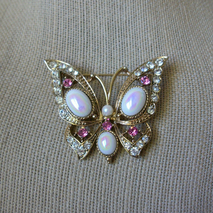 Larger Vintage Brooch Pin, Opalesque Glass Pink Clear Crystal Rhinestones Butterfly Gold Tone, 030621