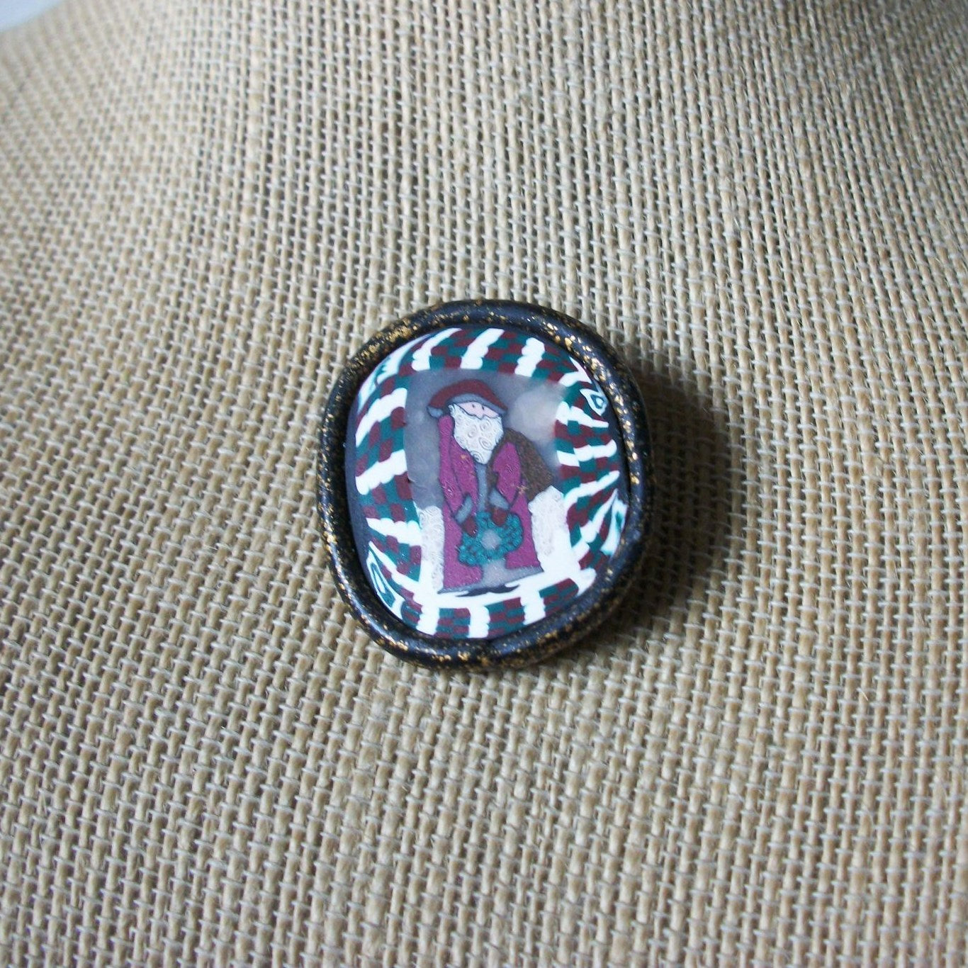 Signed JANE Vintage Brooch Pin, Santa Claus Hand Painted Cellulose 031121