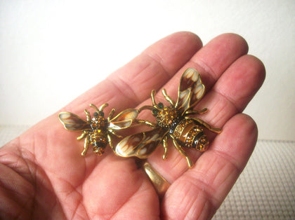 Vintage Jewelry, Two Bumble Honey Bees, Crystal Rhinestones, Enameled Wings, Gold Tone, Brooch Pin 022621