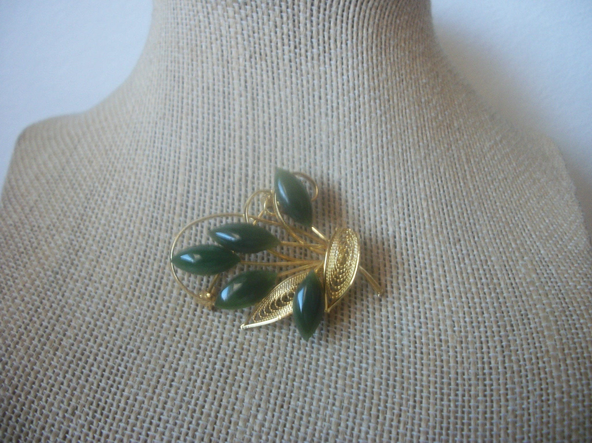 Vintage Brooch Pin, Jade Like Glass Filigree Gold Tone Leaves, 10417