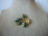 Vintage Brooch Pin, Jade Like Glass Filigree Gold Tone Leaves, 10417