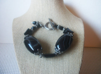Heavier Chunky Black White Agate, Onyx 9 1/2" Long Czech Glass Bracelet 022121