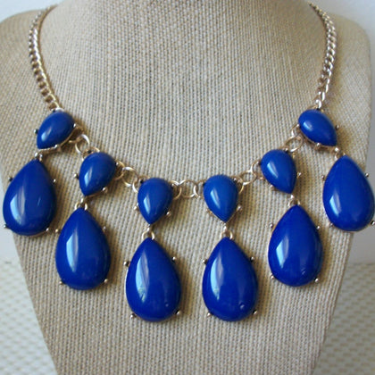 Signed C Vintage 20" - 22" Necklace Gold Toned Blue Teardrop Statement 51016