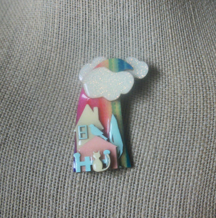 Lucinda House Pins Highly Detailed Rainbow Sky Clouds Cat Bird Tree 021321