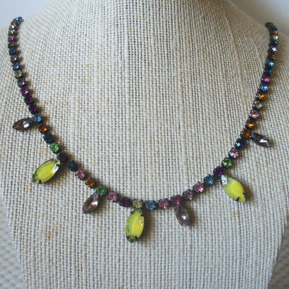 Vintage Signed TIARA MISU Colorful Rhinestone Prong Set 18" Long Necklace 61717
