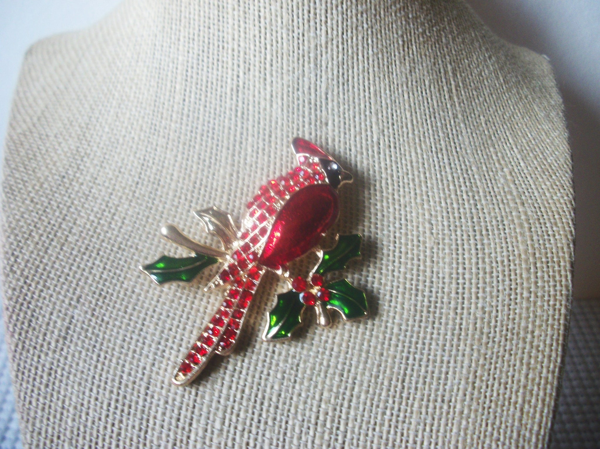 Vintage Brooch Pin Cardinal Bird, Red and Green Enameled Clear Rhinestones, Gold Tone, 72116B