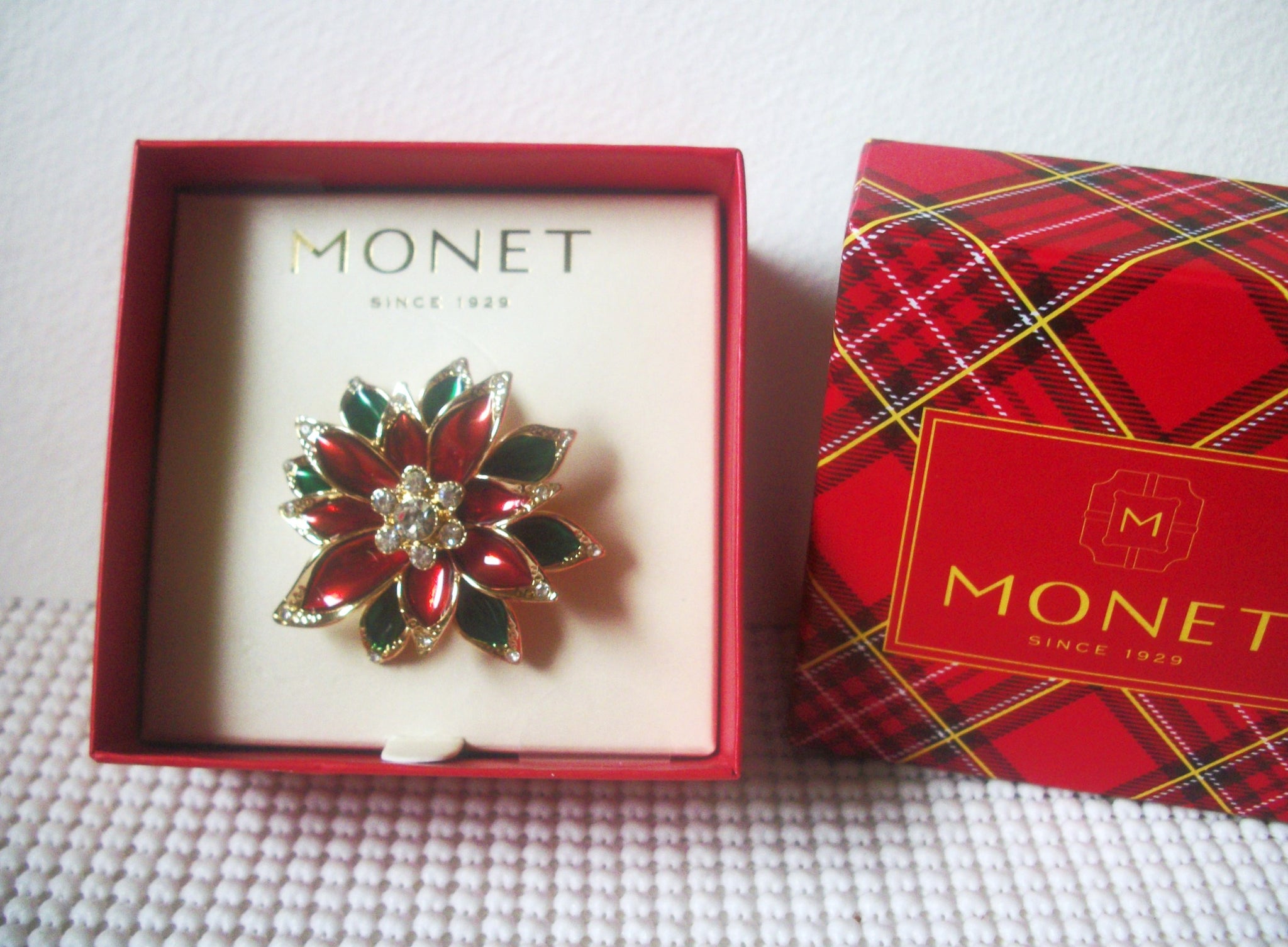 Vintage Signed MONET, Gold Tone, Red Green Enameled Poinsettia Christmas Clear Rhinestones Brooch Pin