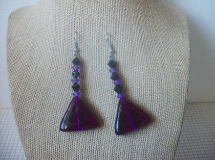 Long Pierced Earrings Plum Fuchsia Black Old Plastic Lucite 030221 Silver tone hooks