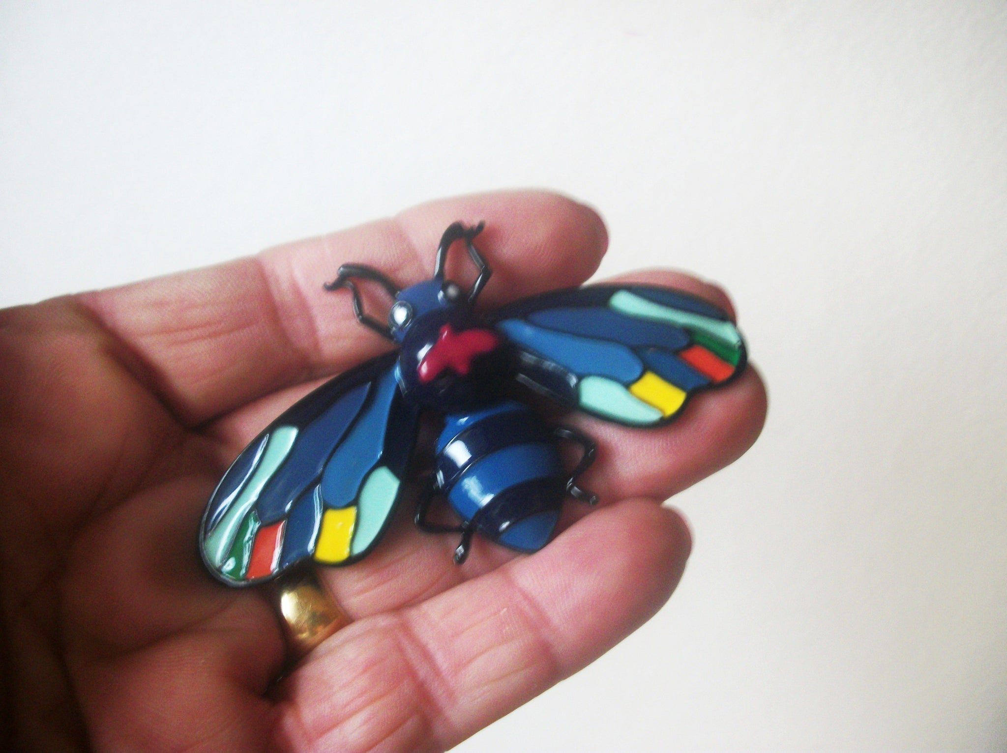 Larger Retro Jewelry Colorful Fly Insect, Enameled Black Tone, Brooch Pin 022621