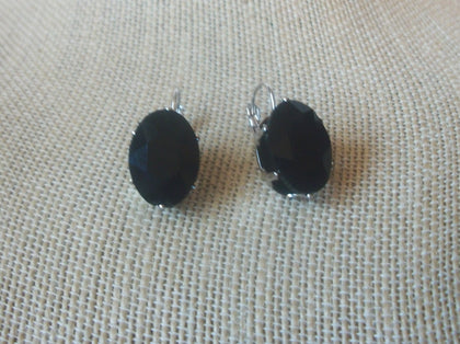 Thicker Black Crystal Glass, Prong Set Silver Tone Earrings 40220