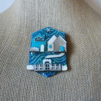 Vintage Lucinda House Pins, Teal Silver Glitter Fence Garden Trellis 021321