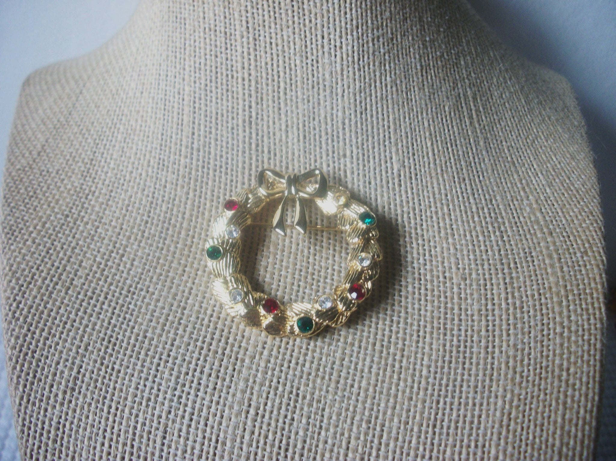 Vintage Brooch Pin, Festive Christmas Wreath Red Green Clear Rhinestones, Gold Tone, 121516