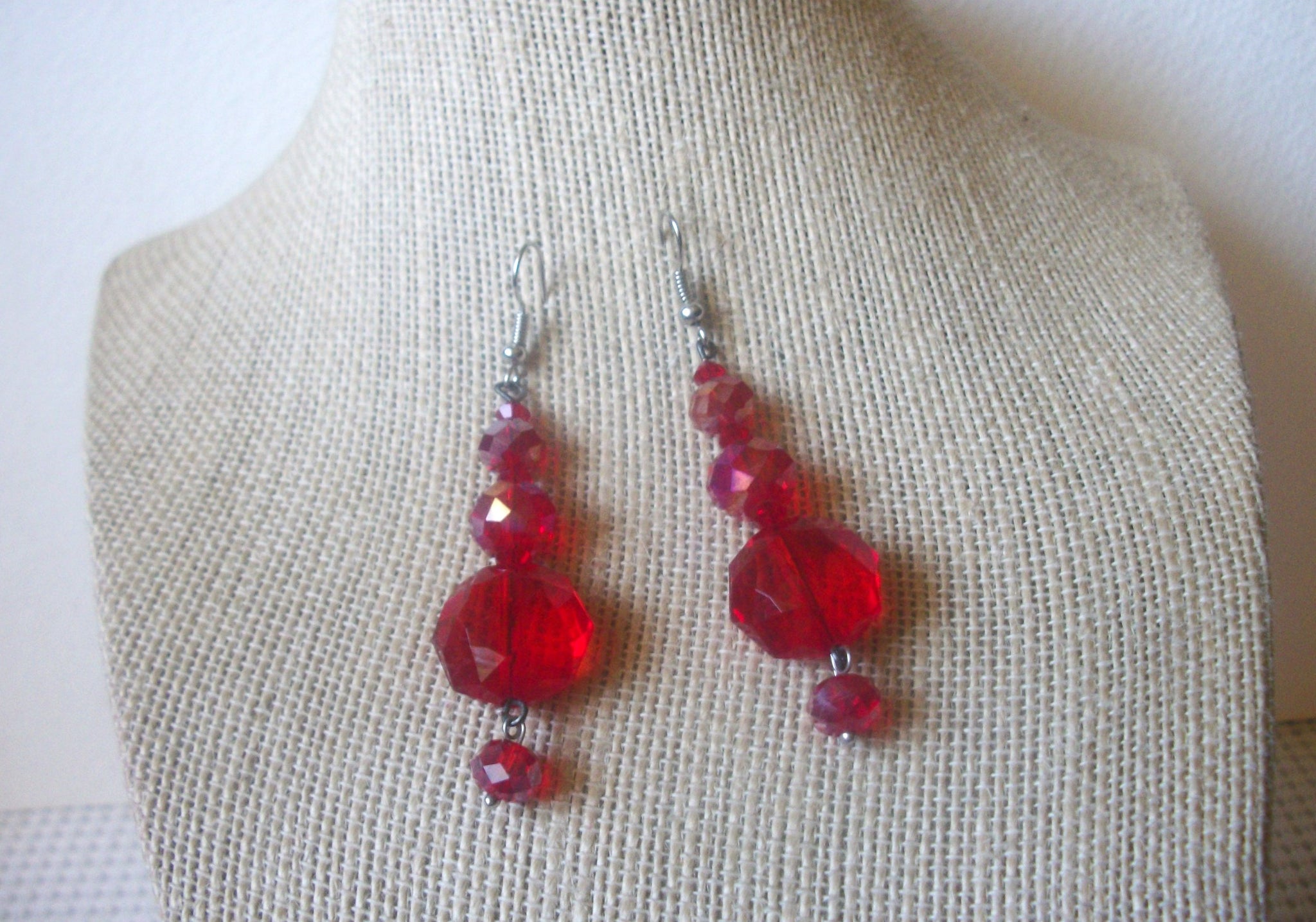 Vintage Earrings, Long Red Dazzling, Acrylic Beads, Silver Tone, Pierced Ears 90517