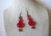 Vintage Earrings, Long Red Dazzling, Acrylic Beads, Silver Tone, Pierced Ears 90517