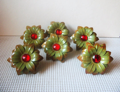 Set of 6 Vintage Napkin Holders Ring, Olive Burnt Orange Fall Flowers Bejeweled Enameled Vintage