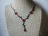 Signed CLAIRE`s Red Metal Roses, Rhinestone Tassel, Victorian Inspired, Dark Metal, 19" - 20" Long, Vintage Necklace 022121