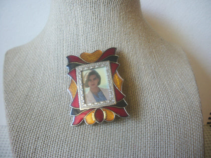 Vintage Brooch Pin, Picture Frame, Colorful Enameled, Silver Tone, 72517