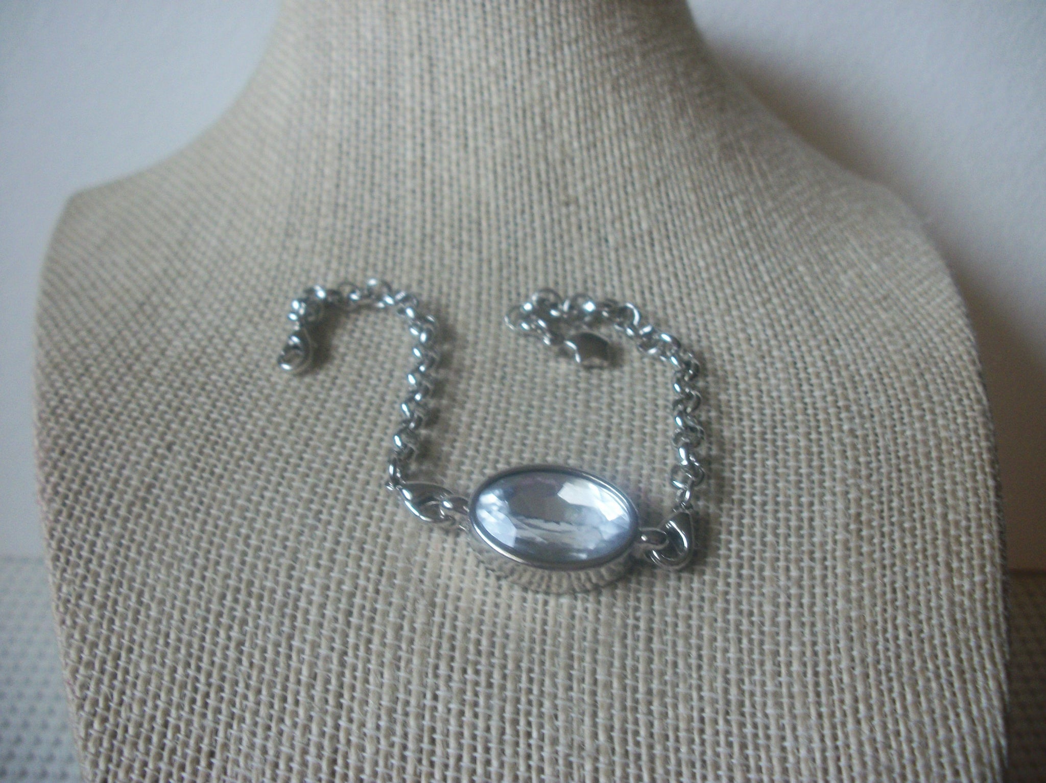 Vintage Bracelet, Clear Glass, Silver Tone Links, 7 1/4" Long, 70217