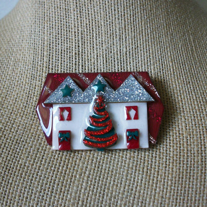 Vintage Brooch Pin Lucinda House Pins, Christmas Festive Tree  Star Wreath Glitter 61318