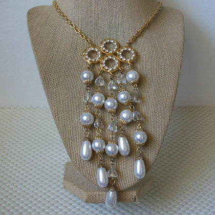 Vintage 26" Necklace Gold Toned Clear Glass Faux Pearls Tassel Design 51016