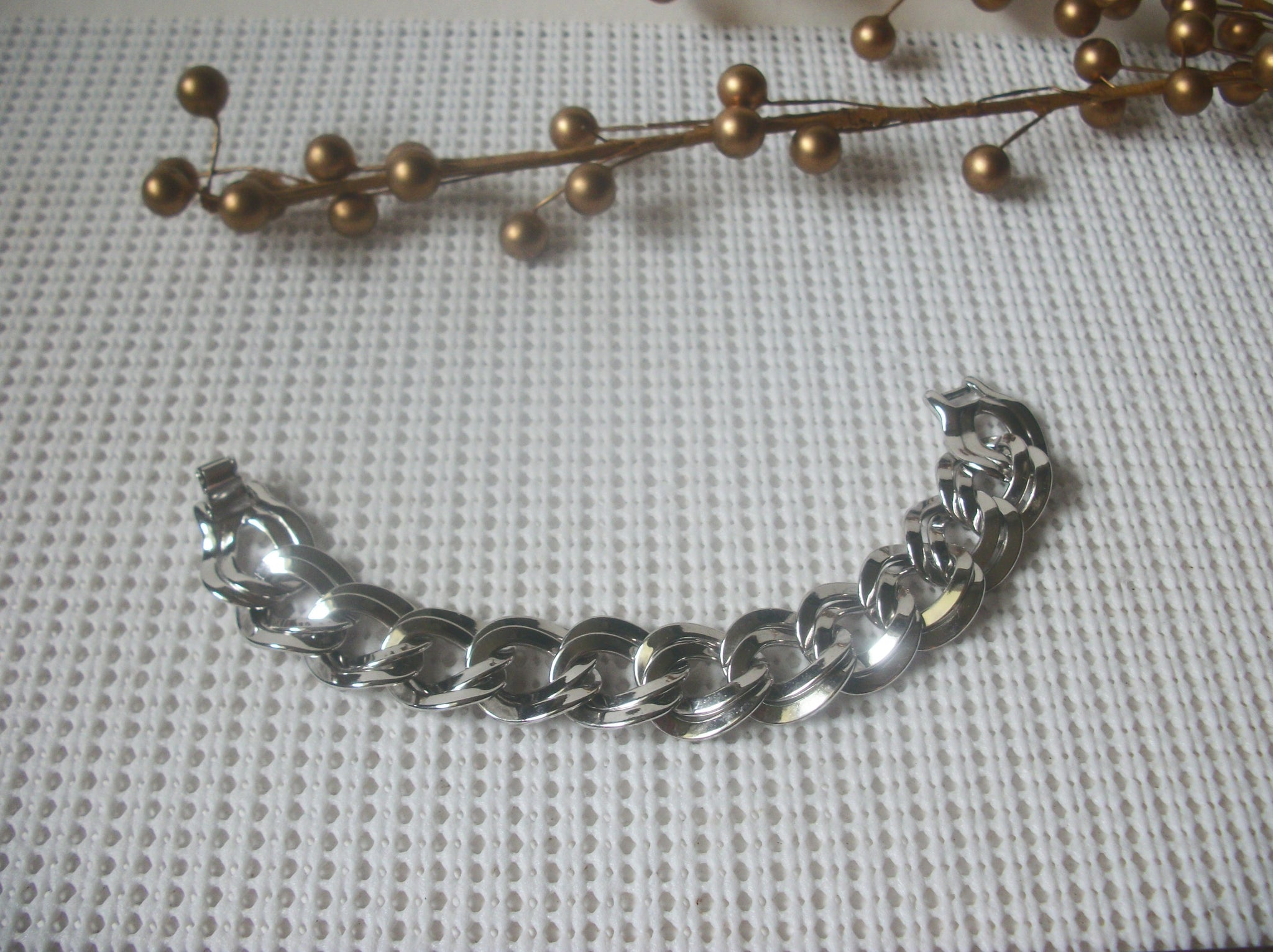 Vintage Bracelet, Signed MONET 7 1/2" Stainless Steel Silver Tone Wide Links 82317