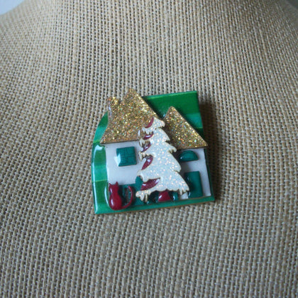 Vintage Lucinda House Pins, Highly detailed Christmas White Glitter Tree Wreath Cat 61318
