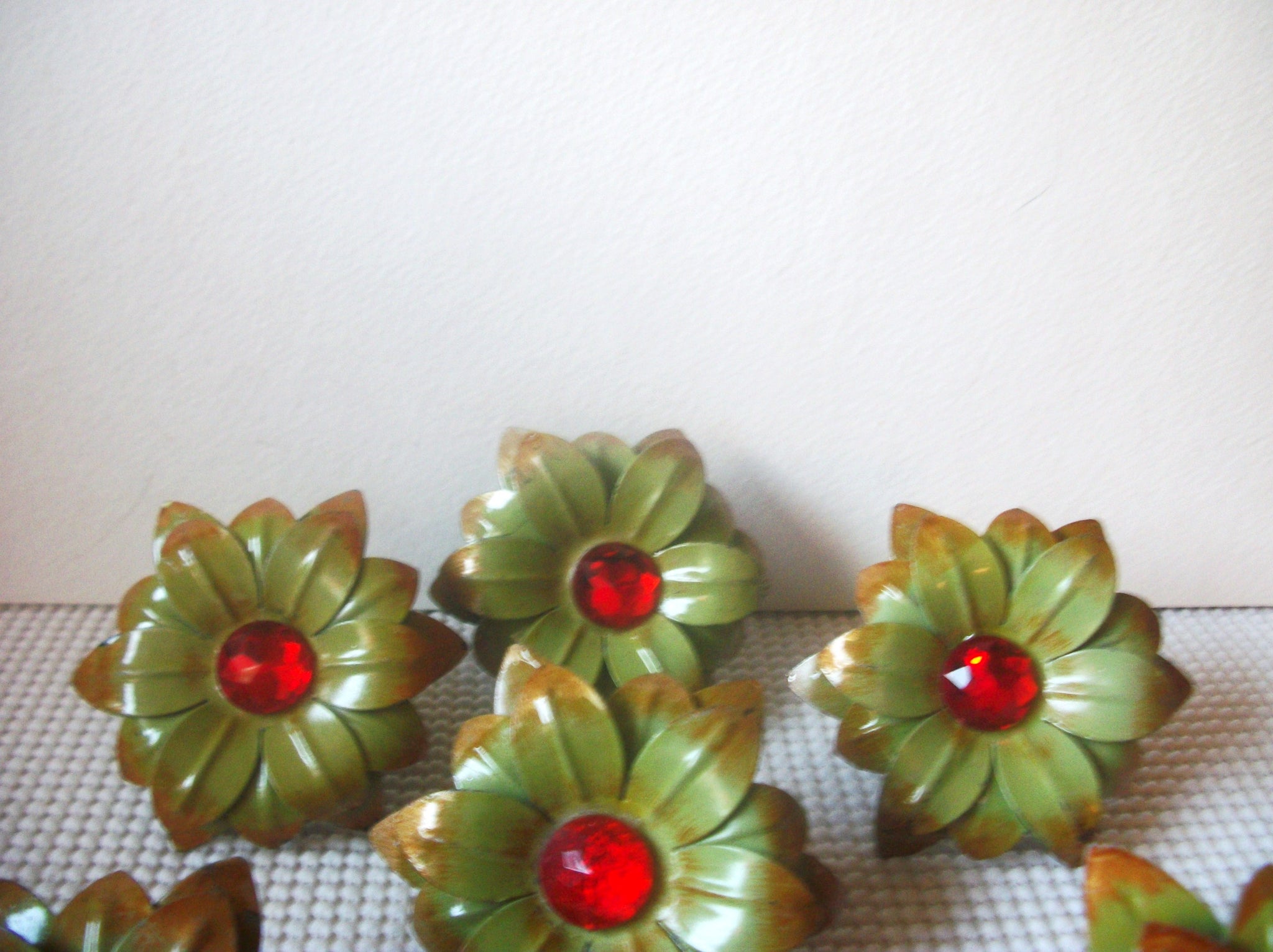 Set of 6 Vintage Napkin Holders Ring, Olive Burnt Orange Fall Flowers Bejeweled Enameled Vintage