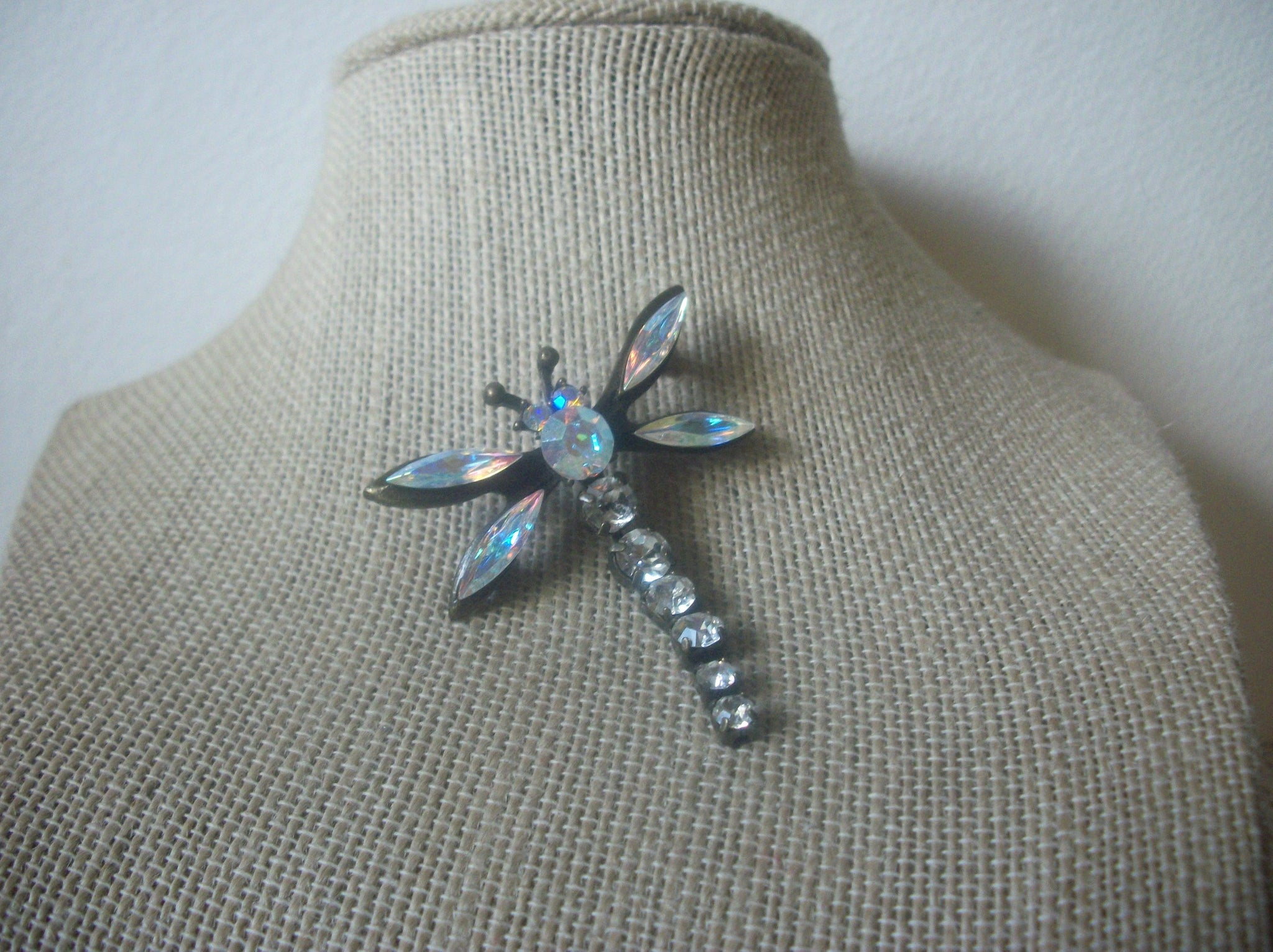 Vintage Brooch Pin, Dragonfly, Sparkling AB Crystals, Aurora Borelias, Bronze Tone, Wiggle Tail, 72517