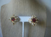 Vintage Earrings Clip On Signed  RICHELIEU Signed Red Clear Crystal Rhinestone 7/8" Long 81317