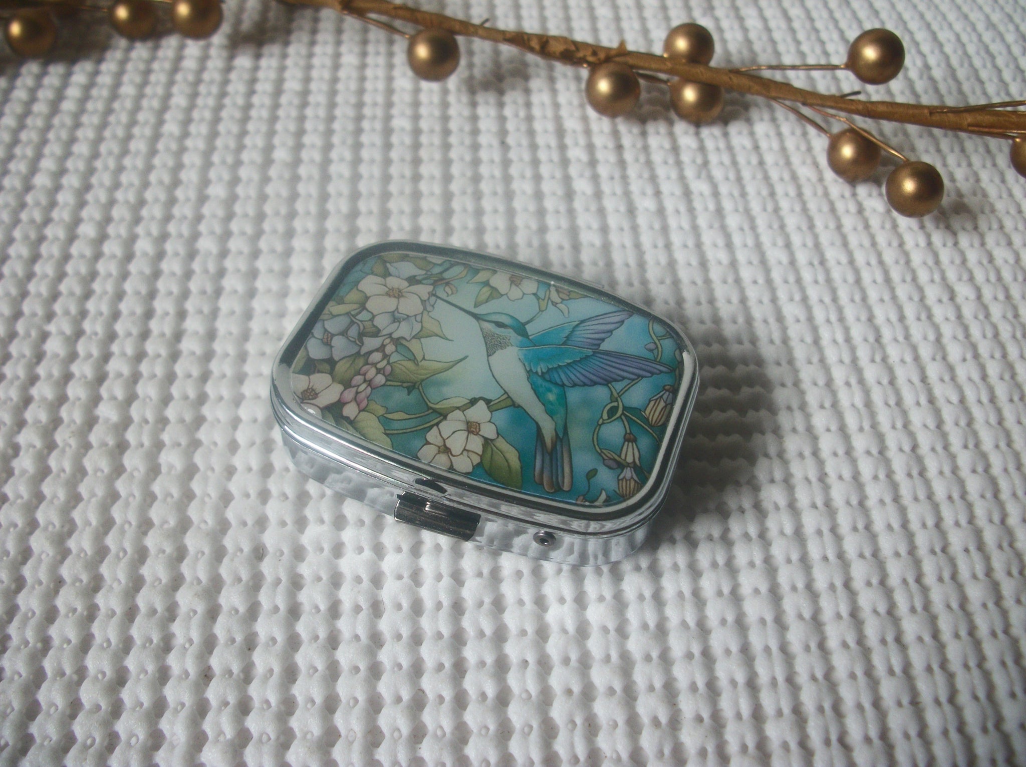 Vintage Stainless Steel Flying Hummingbird Pill Box Square Tray 111216