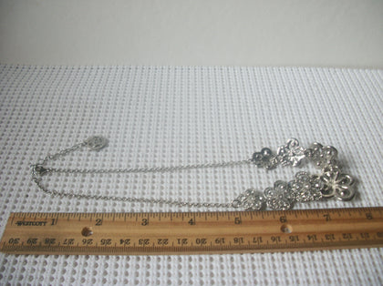 Signed TRIFARI Crown Vintage 16" - 18" Necklace, Clear Crystals Panel Floral Design, Silver Tone, 123016