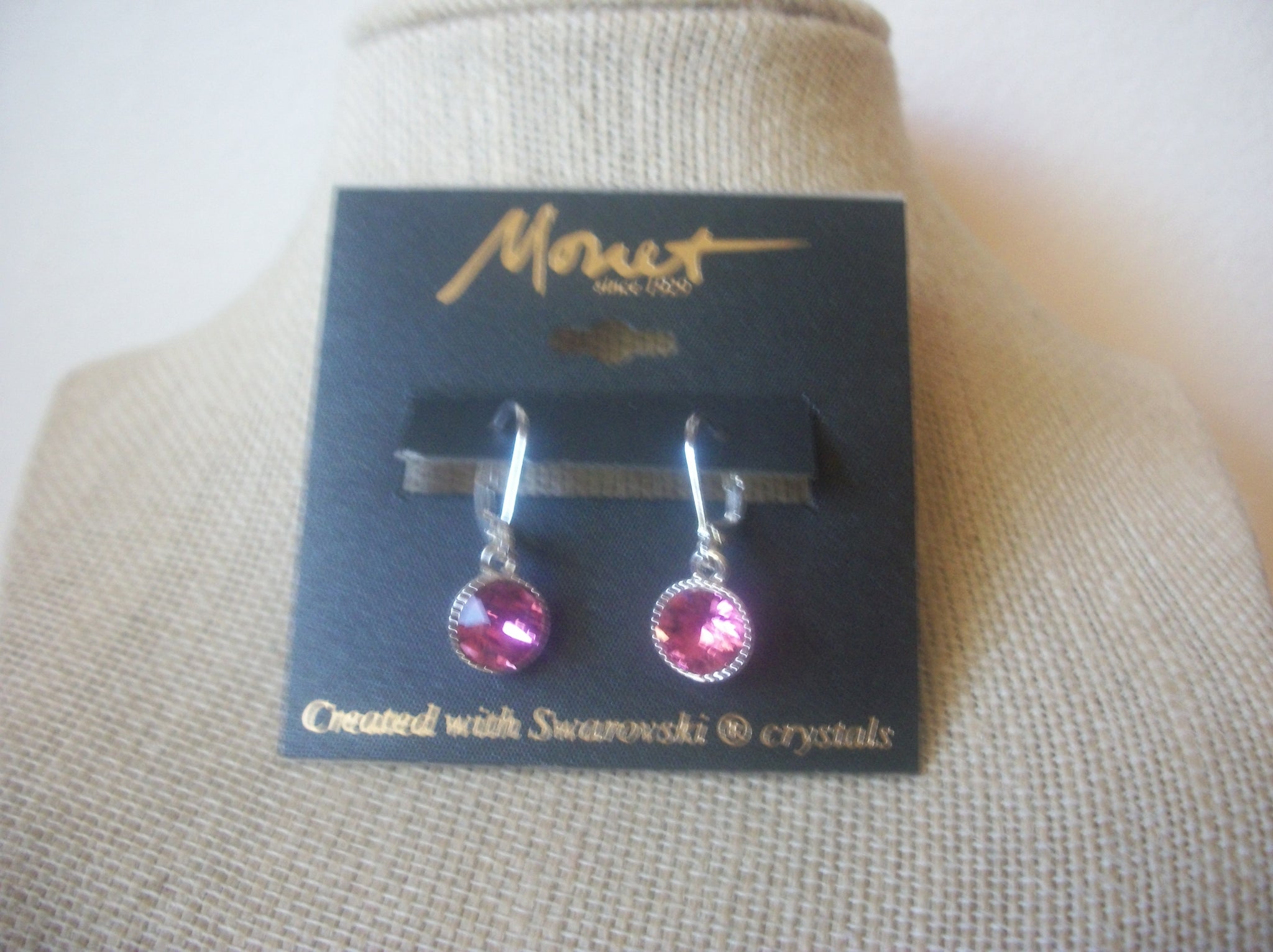 Vintage Jewelry, MONET, Pink Swarovski, Crystal, Silver Tone, Pierced Earrings, 72517