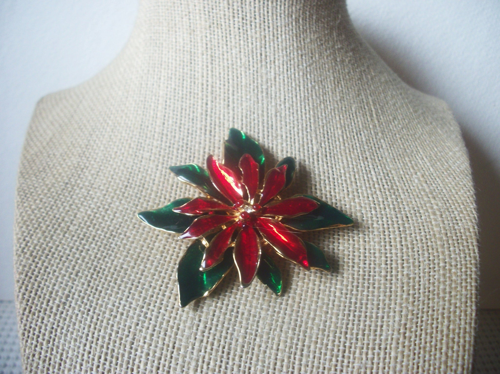 Signed LIA Gold Tone Red Green Enameled Christmas Poinsettia, Vintage Brooch Pin 022221