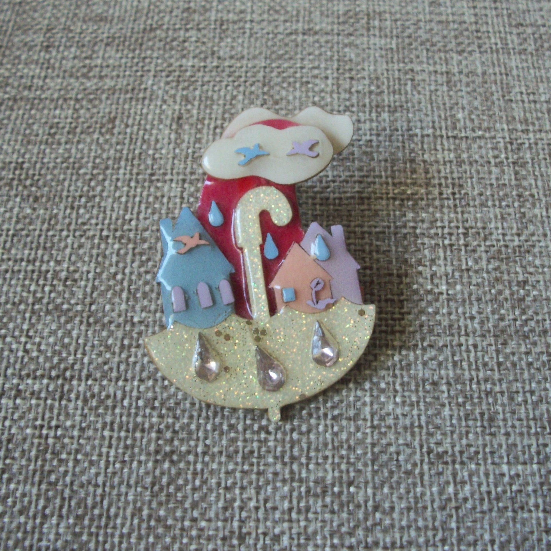 RARE Lucinda House Pins Umbrella Raindrops Glitter Birds Flying 42617