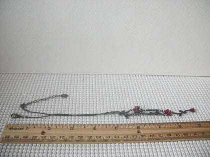 Signed CLAIRE`s Red Metal Roses, Rhinestone Tassel, Victorian Inspired, Dark Metal, 19" - 20" Long, Vintage Necklace 022121