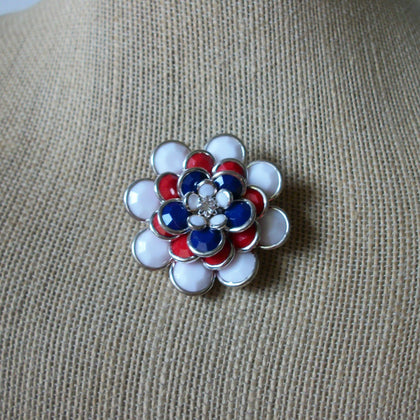 Vintage Brooch Pin Flower Patriotic Colors White Blue Red Old Plastic, Silver Tone 031221