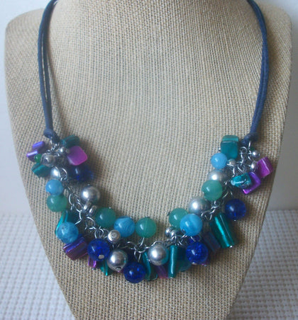 Vintage 16" - 18" Necklace Colorful Shell Acrylic Beads Blue Leather String 030221