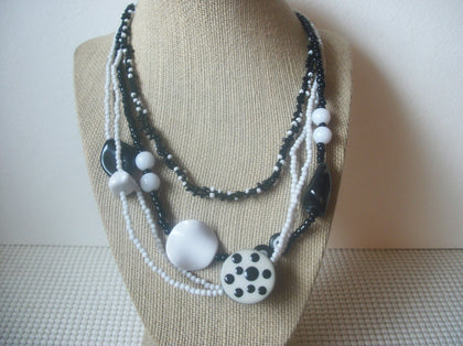 Black White Dots Multi Strand Acrylic 18" - 22" Long Retro Necklace 022221