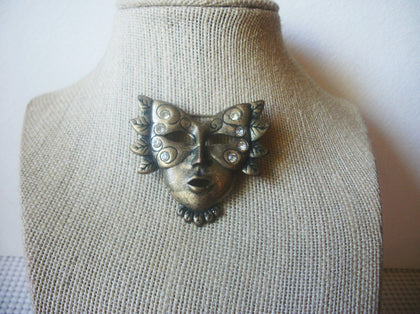 Vintage Jewelry, Very Distressed Oxidized BRASS Mask Clear Rhinestone Inlays Brooch Pin 51018