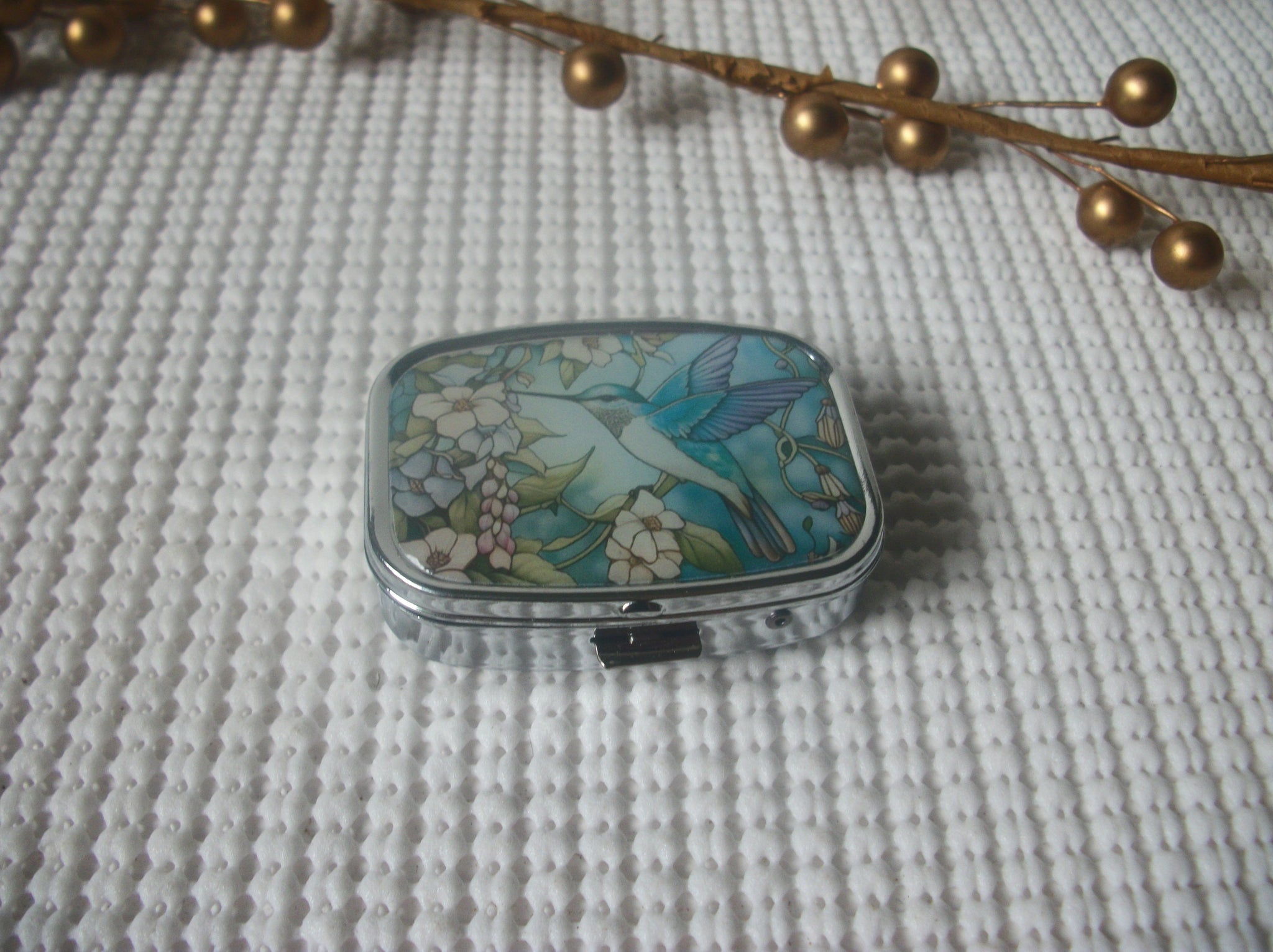 Vintage Stainless Steel Flying Hummingbird Pill Box Square Tray 111216